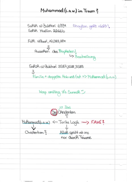 Handschriftliche Notiz: Muhammad (s.a.w.) im Traum