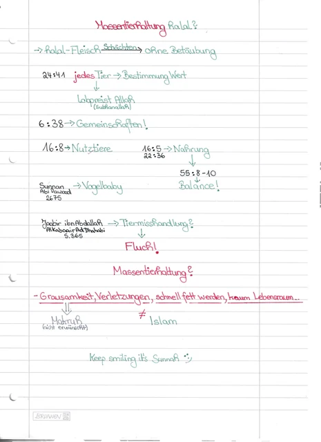 Handschriftliche Notiz: Massentierhaltung und Halal-Fleisch