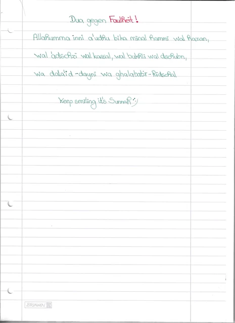 Handschriftliche Notiz: Dua gegen Faulheit