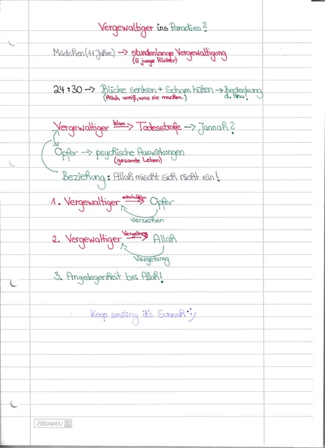 Handschriftliche Notiz: Vergewaltiger ins Paradies?