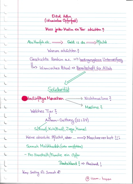 Handschriftliche Notiz: Eidul Adha: Opferfest und Solidarität