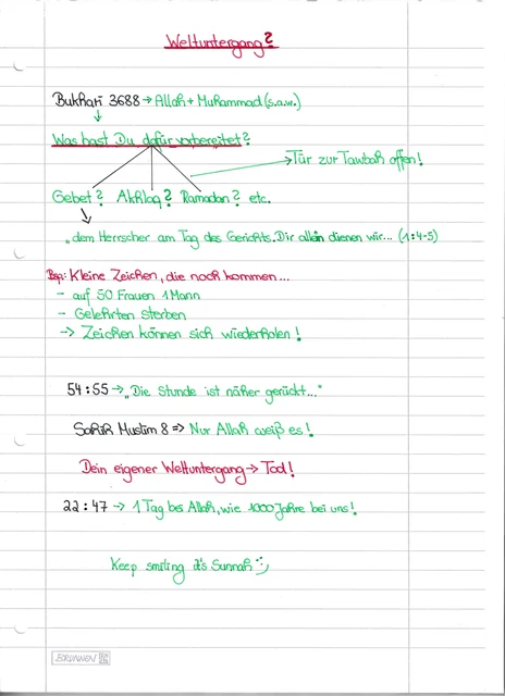Handschriftliche Notiz: Weltuntergang und persönliche Vorbereitung