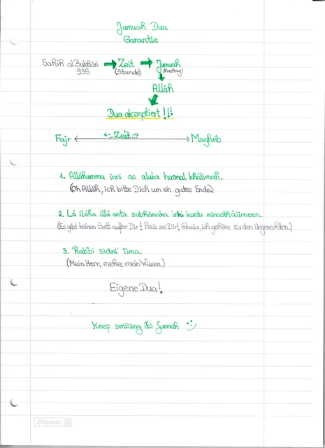 Handschriftliche Notiz: Duas am Jumuah