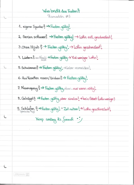 Handschriftliche Notiz: Was bricht das Fasten?