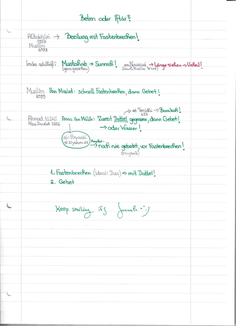 Handschriftliche Notiz: Fastenbrechen vor dem Gebet