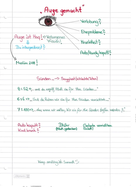 Handschriftliche Notiz: Auge gemacht und die Deutung von Ereignissen