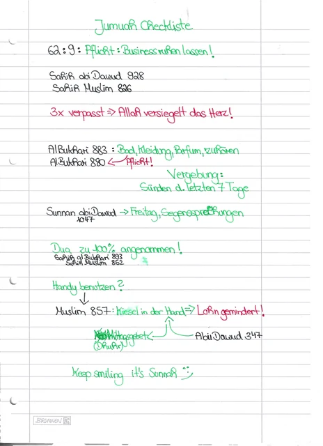 Handschriftliche Notiz: Jumuah-Checkliste für den Freitag