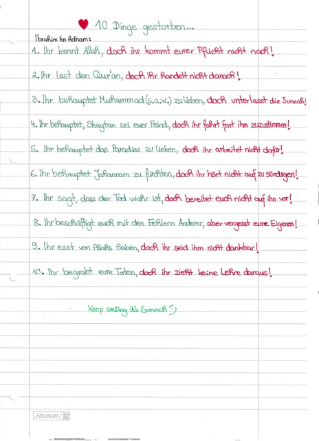 Handschriftliche Notiz: Zehn Mahnungen zur Selbstreflexion