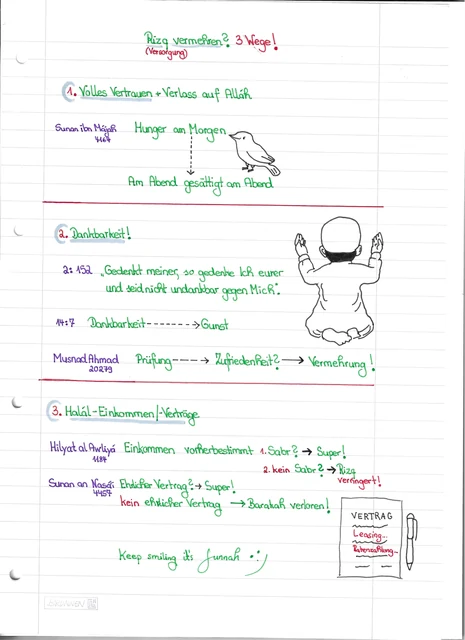 Handschriftliche Notiz: Rizq vermehren: Drei Wege