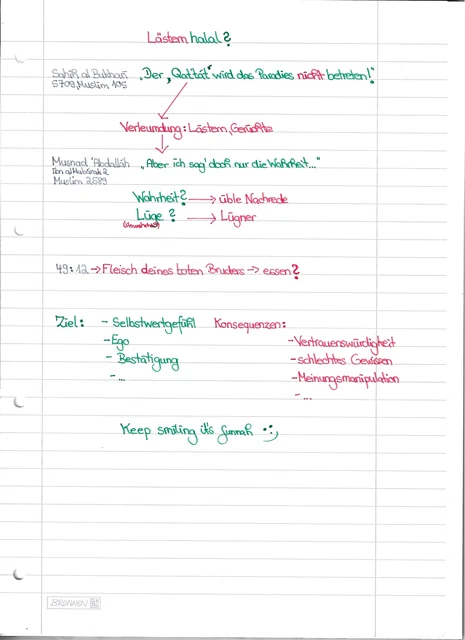 Handschriftliche Notiz: Lästern, Verleumdung und üble Nachrede
