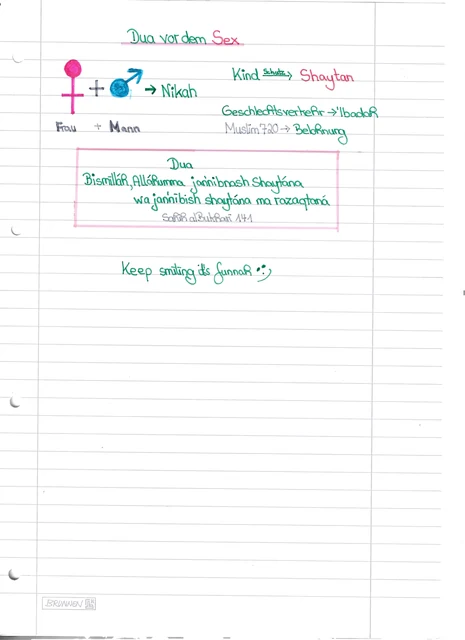 Handschriftliche Notiz: Dua vor dem Sex