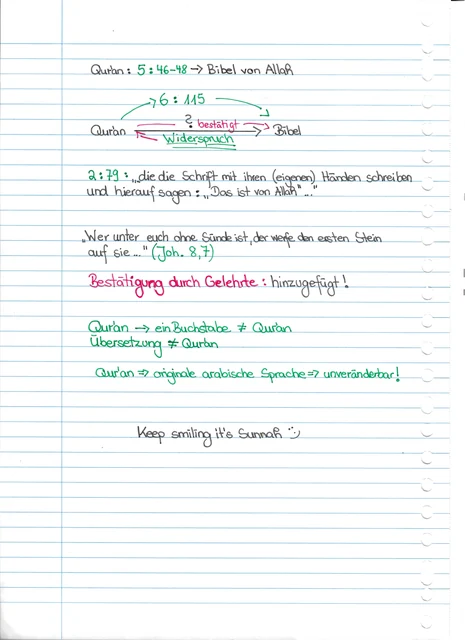 Handschriftliche Notiz: Quran und Bibel: Bestätigung und Widerspruch
