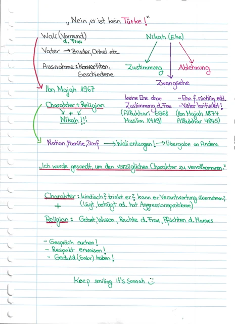 Handschriftliche Notiz: Zustimmung und Wali bei der Nikah