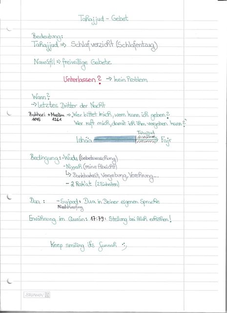 Handschriftliche Notiz: Tahajjud-Gebet