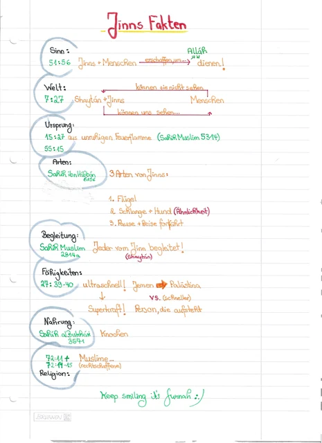 Handschriftliche Notiz: Fakten über Jinns