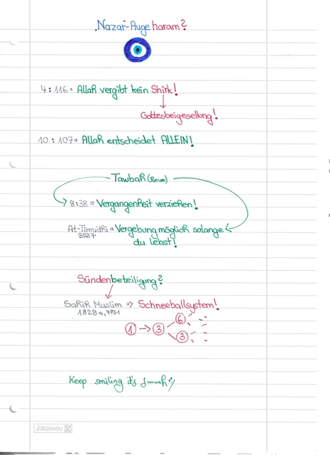 Handschriftliche Notiz: Nazar-Auge, Reue und Sündenbeteiligung