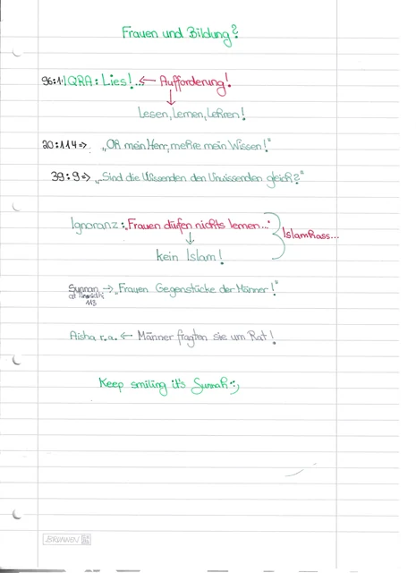 Handschriftliche Notiz: Frauen und Bildung