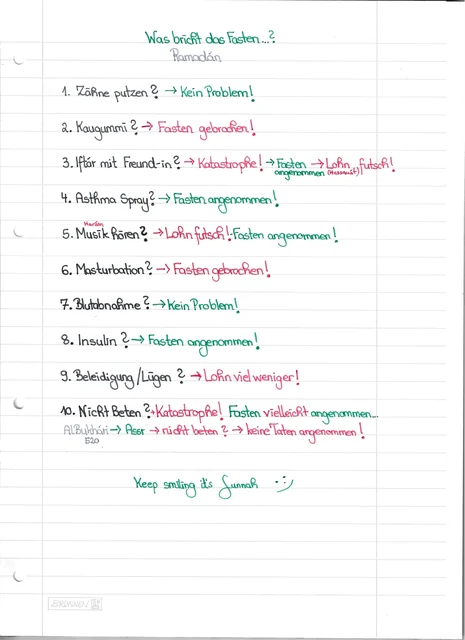 Handschriftliche Notiz: Was bricht das Fasten im Ramadan?