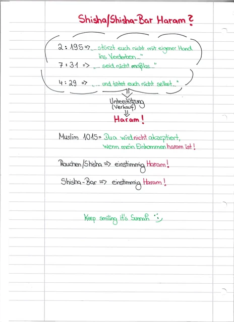 Handschriftliche Notiz: Shisha und Shisha-Bar: Haram?