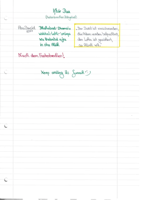 Handschriftliche Notiz: Bittgebet zum Fastenbrechen