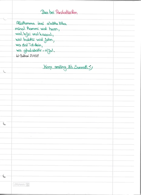 Handschriftliche Notiz: Dua bei Panikattacken