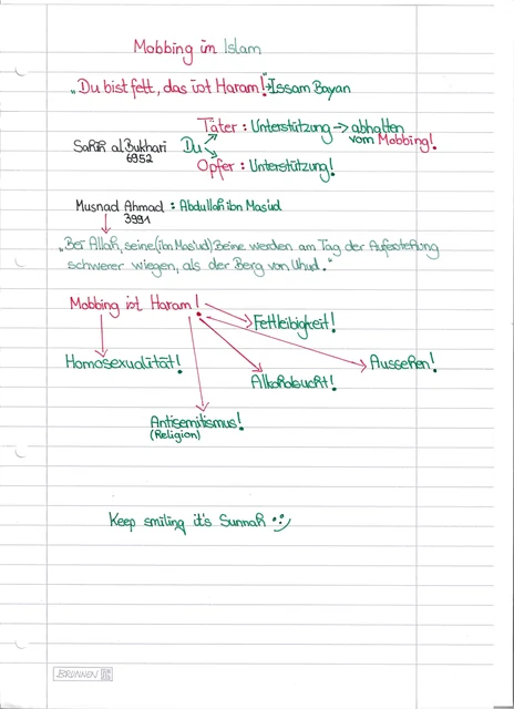 Handschriftliche Notiz: Mobbing im Islam