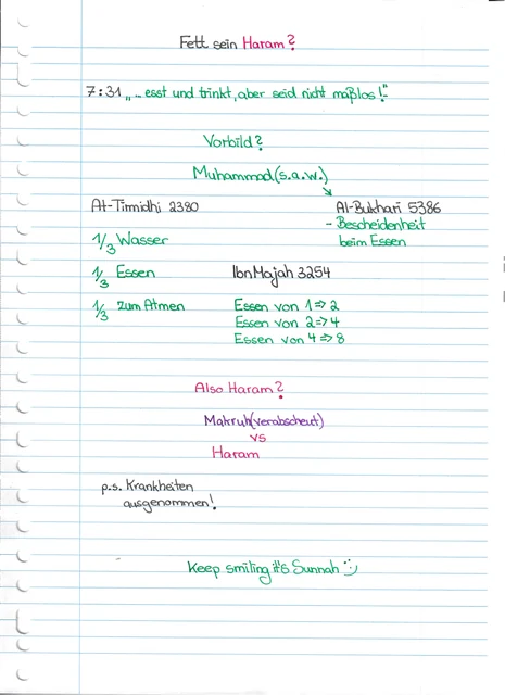Handschriftliche Notiz: Maßvolles Essen und die Frage nach Übergewicht