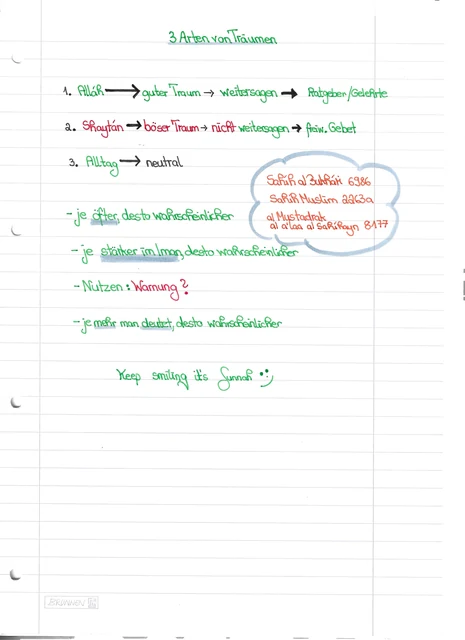 Handschriftliche Notiz: 3 Arten von Träumen