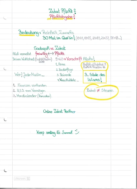 Handschriftliche Notiz: Zakat: Pflichtabgabe und Voraussetzungen