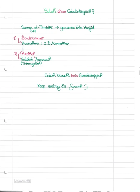 Handschriftliche Notiz: Salah braucht keinen Gebetsteppich
