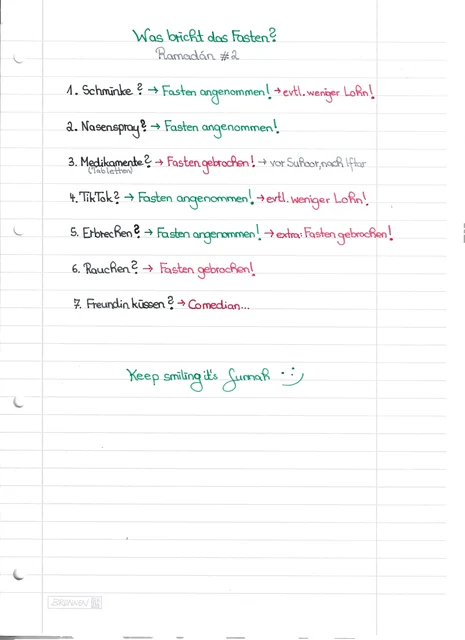 Handschriftliche Notiz: Was bricht das Fasten? Ramadan #2