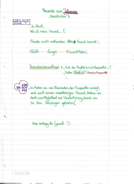 Handschriftliche Notiz: Freunde aus Jahannam rausholen?