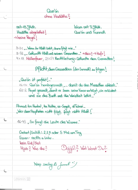 Handschriftliche Notiz: Qur’an ohne Hadithe?