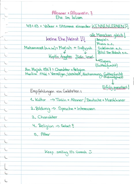 Handschriftliche Notiz: Ehe im Islam: Herkunft, Charakter und Religion