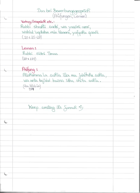 Handschriftliche Notiz: Duas für Bewerbungsgespräch, Lernen und Prüfung