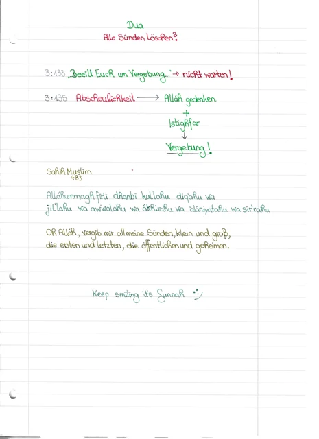 Handschriftliche Notiz: Dua um Vergebung aller Sünden