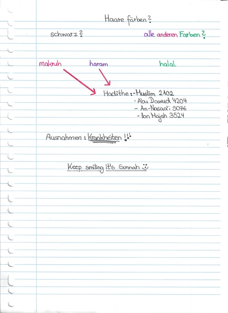 Handschriftliche Notiz: Haarfarben und Ausnahmen bei Krankheit