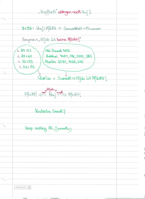 Handschriftliche Notiz: Kopftuch ablegen nach Hajj?