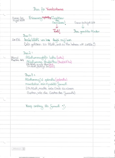 Handschriftliche Notiz: Duas für Verstorbene