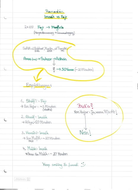 Handschriftliche Notiz: Ramadán: Imsák und Fajr