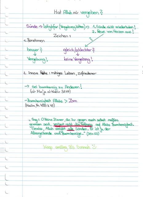 Handschriftliche Notiz: Vergebung, Reue und Barmherzigkeit