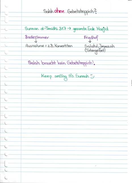 Handschriftliche Notiz: Orte für Salah ohne Gebetsteppich
