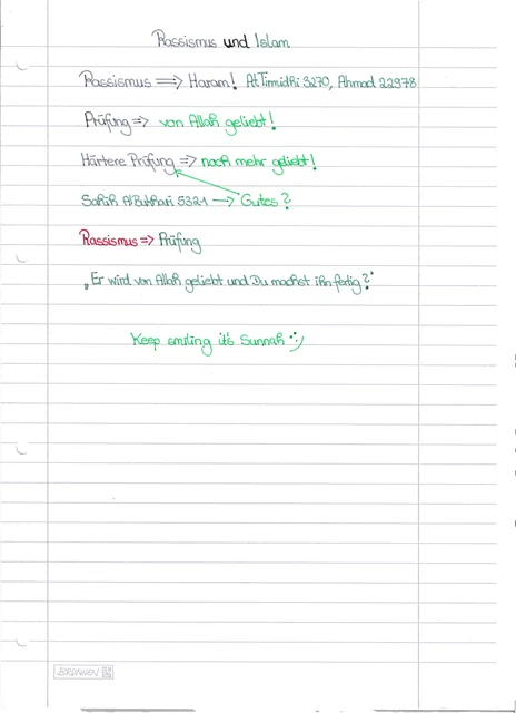 Handschriftliche Notiz: Rassismus als Prüfung